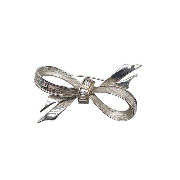Vintage Pell Silver Bow Brooch With Baguette Crystal Accent - Picture 1 of 5